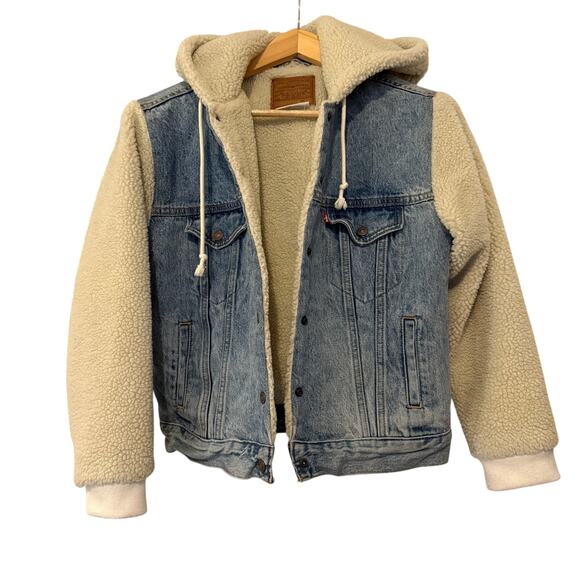 Levi’s Ex-Boyfriend Sherpa Trucker Jacket Light Wash Denim Fleece Hood Womens XS - Picture 5 of 10